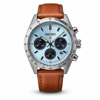 Elite Sky Blue Chronograph Watch with Stainless Steel Case & Leather Band