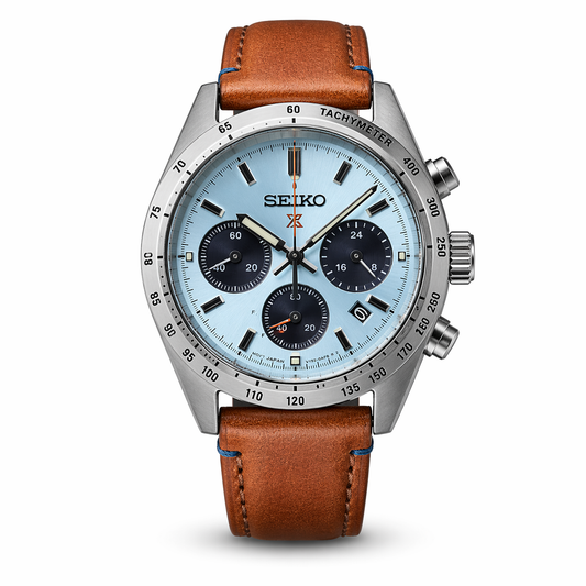 Elite Sky Blue Chronograph Watch with Stainless Steel Case & Leather Band