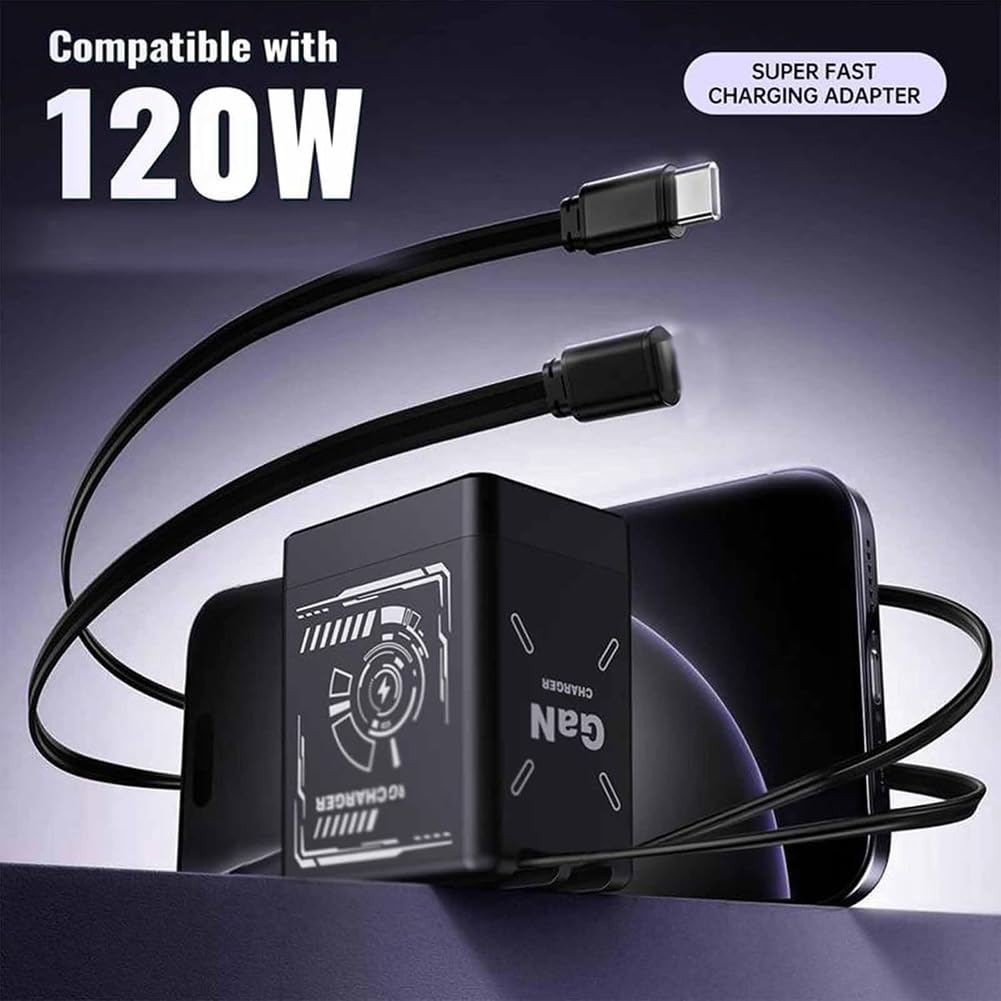 2-in-1 Gan 120w Fast Charger, Retractable Scalable Max Super Fast Charger Module, Retractable Fast Charging Cable with 3-in-1 Cables for