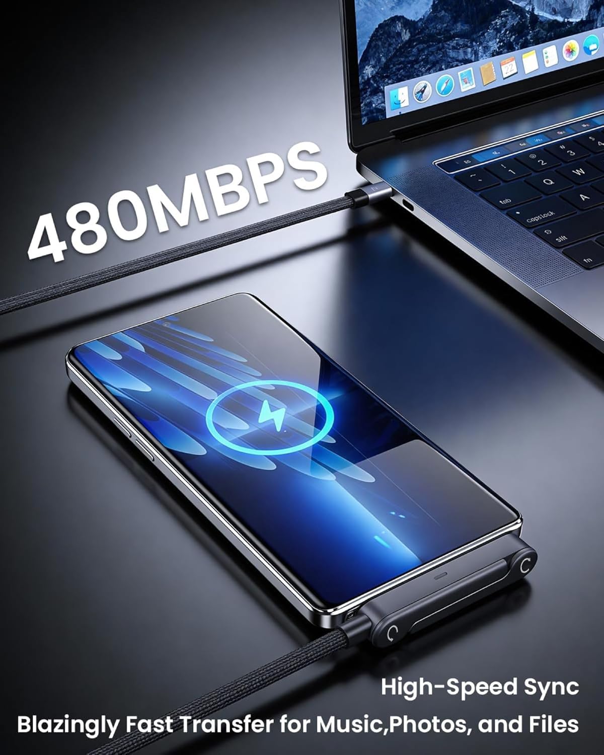 240W USB-C to USB-C Fast Charging Cable 1.5M with Foldable Phone Stand