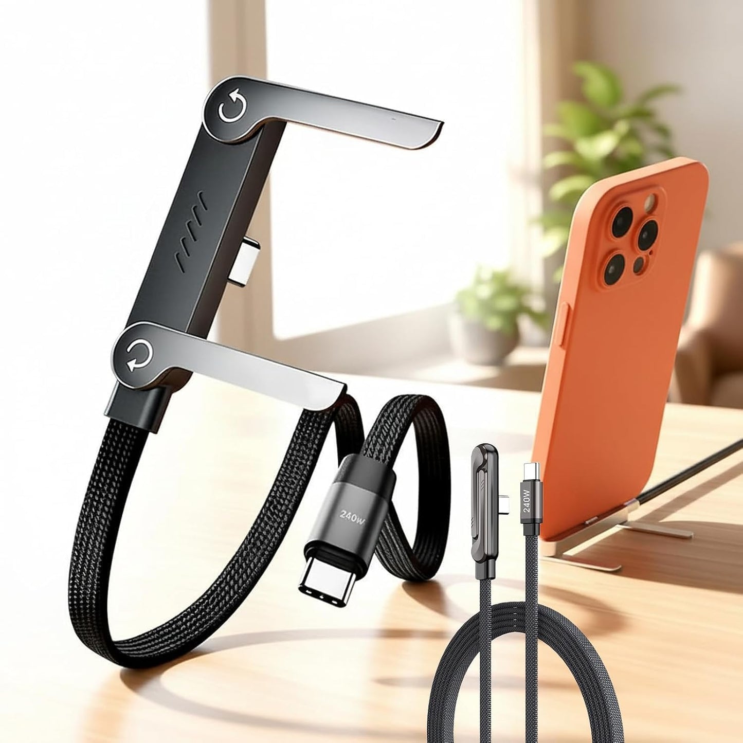 240W USB-C to USB-C Fast Charging Cable 1.5M with Foldable Phone Stand