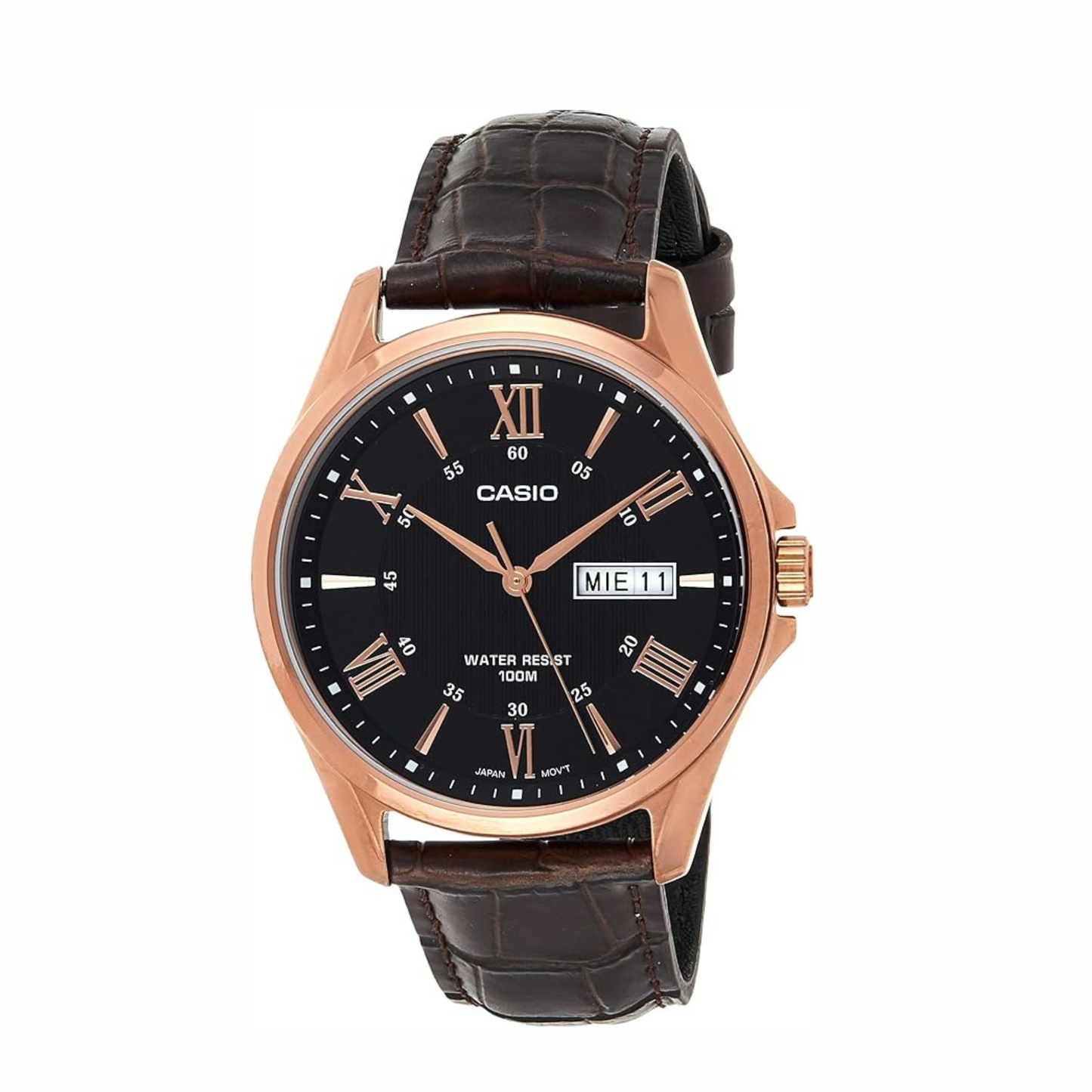 Men's Rose Tone Leather Band Day Date Roman Black Dial Watch