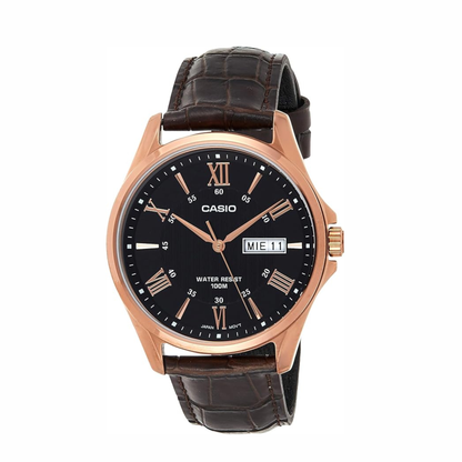 Men's Rose Tone Leather Band Day Date Roman Black Dial Watch
