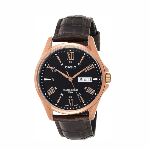 Men's Rose Tone Leather Band Day Date Roman Black Dial Watch