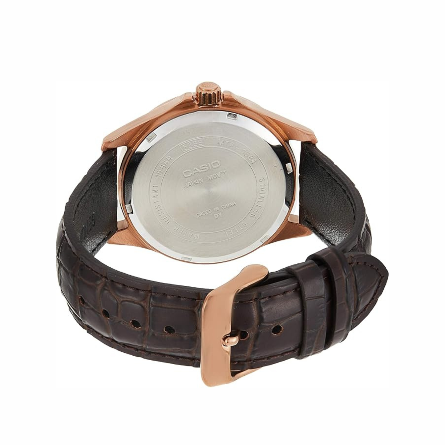 Men's Rose Tone Leather Band Day Date Roman Black Dial Watch