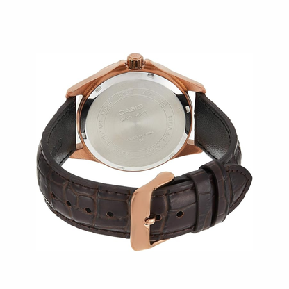 Men's Rose Tone Leather Band Day Date Roman Black Dial Watch