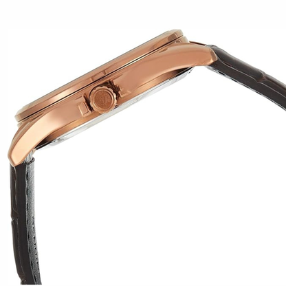 Men's Rose Tone Leather Band Day Date Roman Black Dial Watch