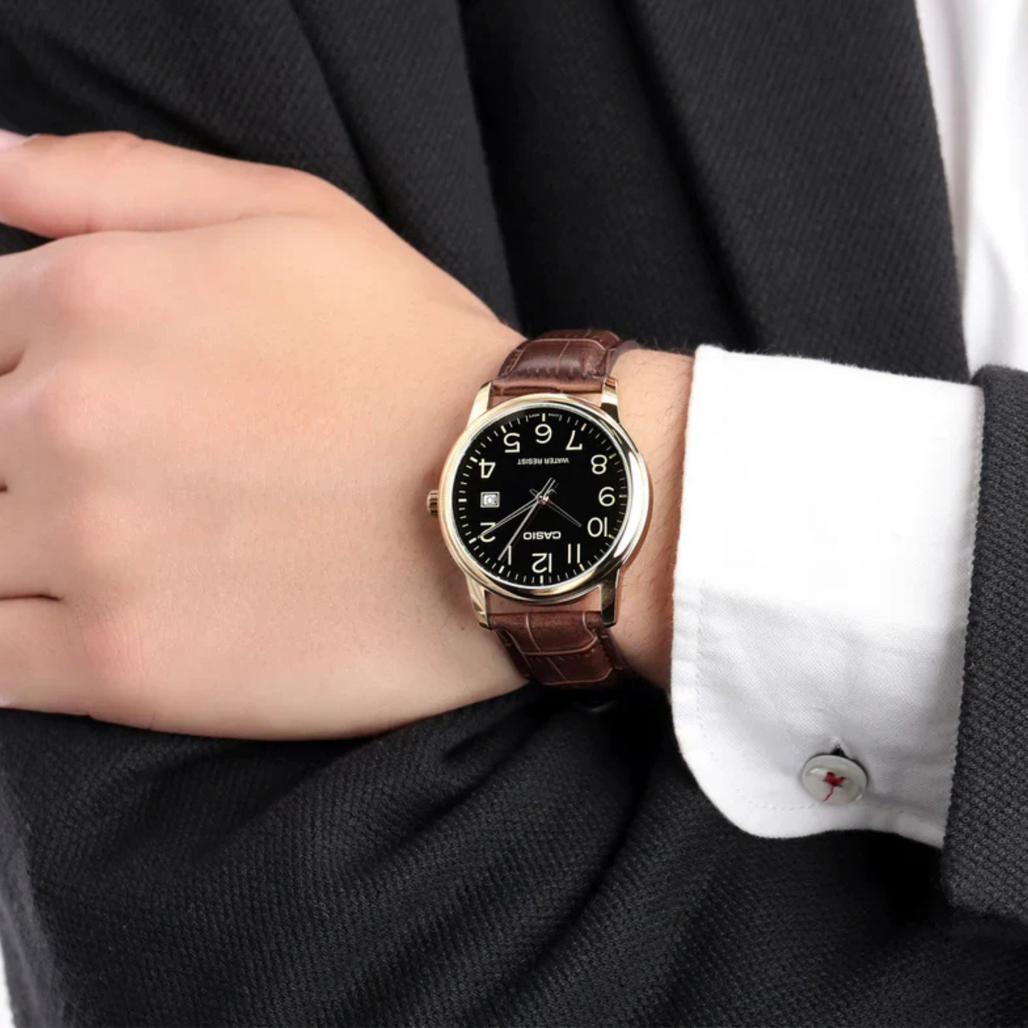 Men's Rose Tone Leather Band Day Date Roman Black Dial Watch
